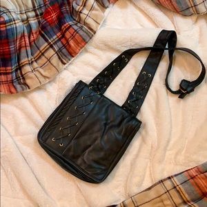 Leather? Cross Body Bag Black with Gold Trim